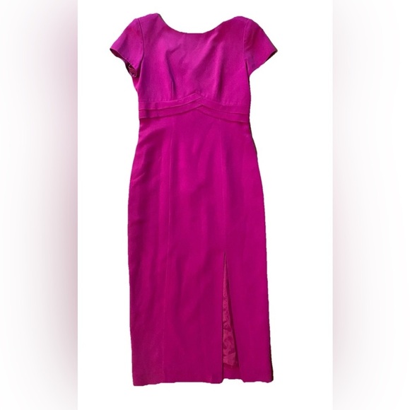 Vintage 80s Papell Silk Pink Sheath Silk Dress size 4p V Back Front Detail - Picture 1 of 7